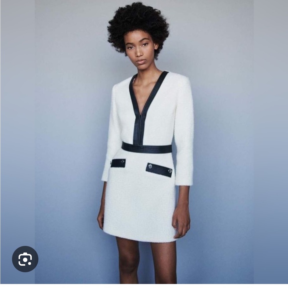 Maje Remma tweed dress with leather trim/white NEW